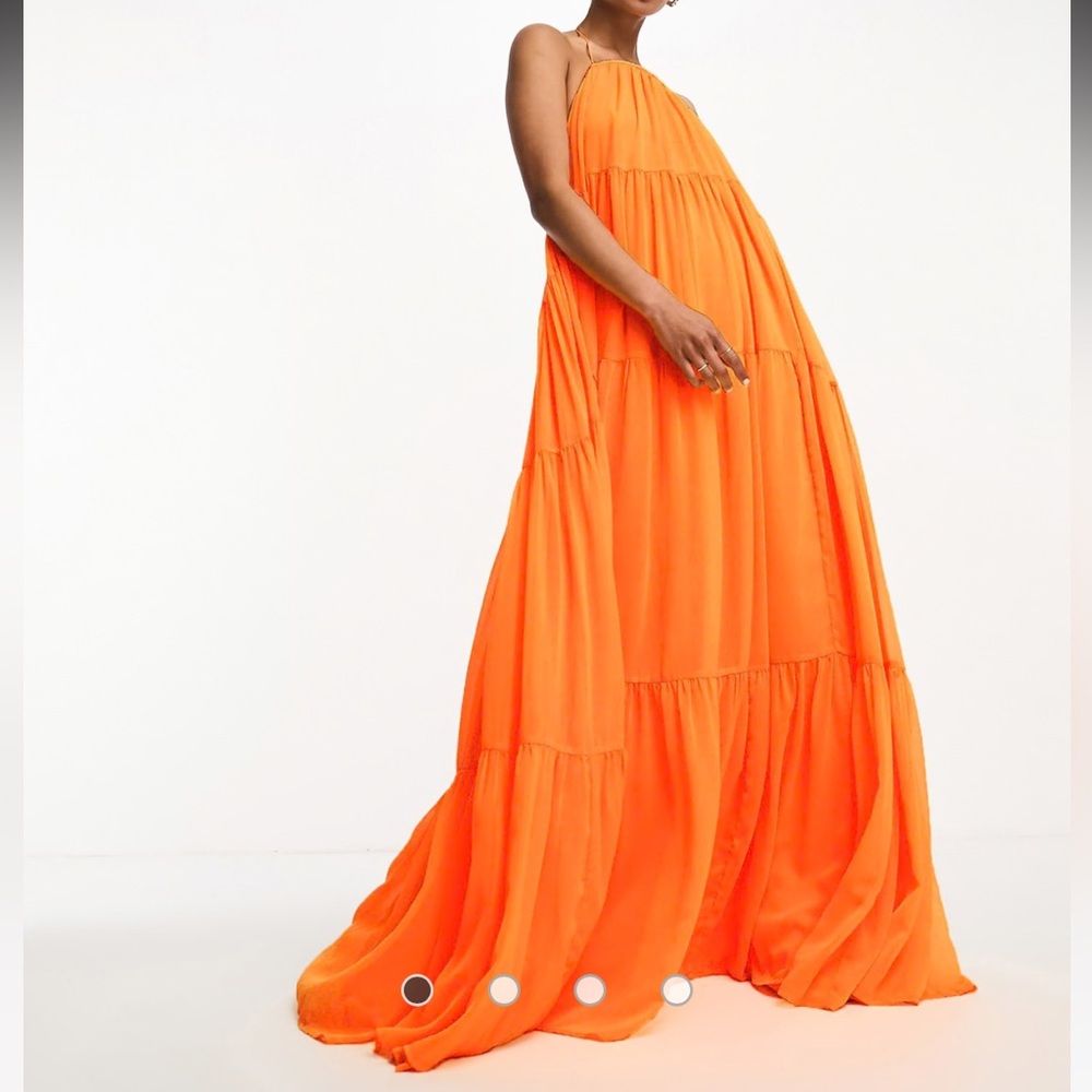 Detail halter neck trapeze tiered maxi dress in bright orange